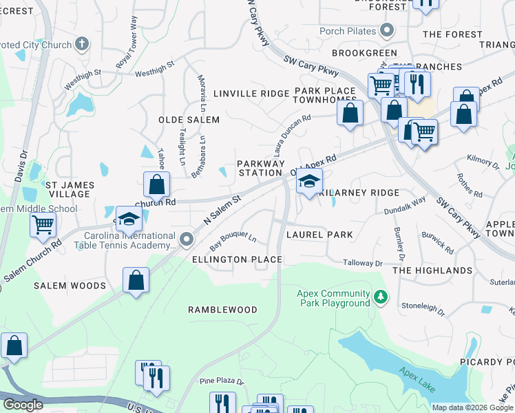 map of restaurants, bars, coffee shops, grocery stores, and more near 708 Blossom Bay Lane in Apex