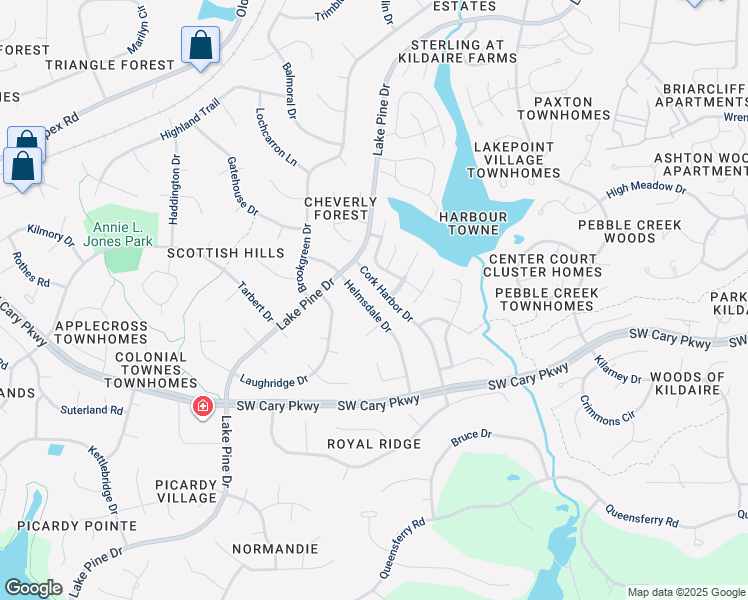 map of restaurants, bars, coffee shops, grocery stores, and more near 1325 Helmsdale Drive in Cary