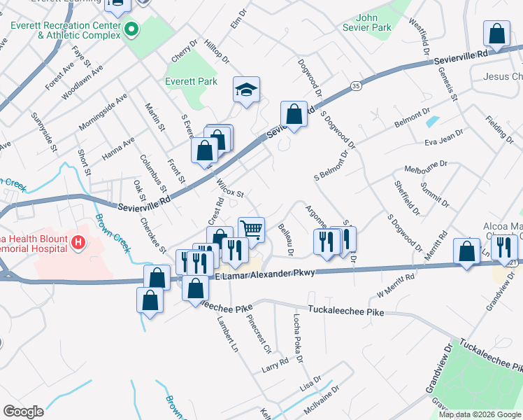 map of restaurants, bars, coffee shops, grocery stores, and more near 1804 Navarone Circle in Maryville
