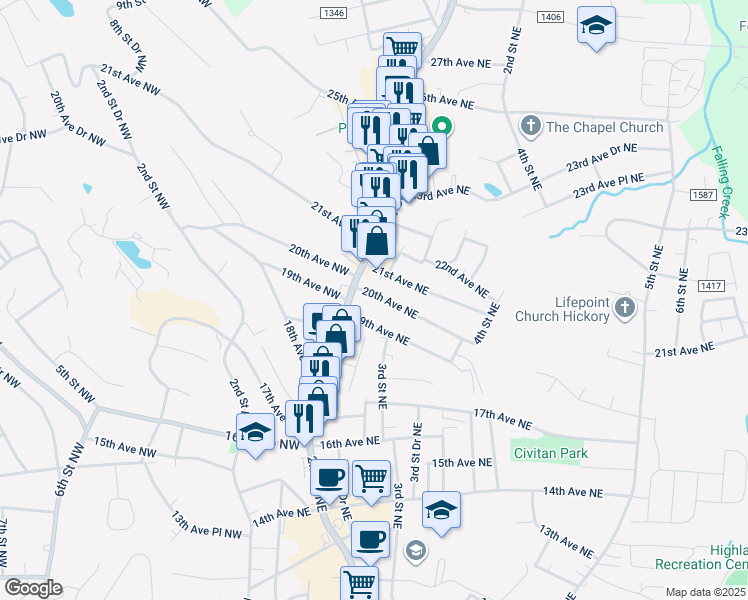 map of restaurants, bars, coffee shops, grocery stores, and more near 36 20th Avenue Northeast in Hickory