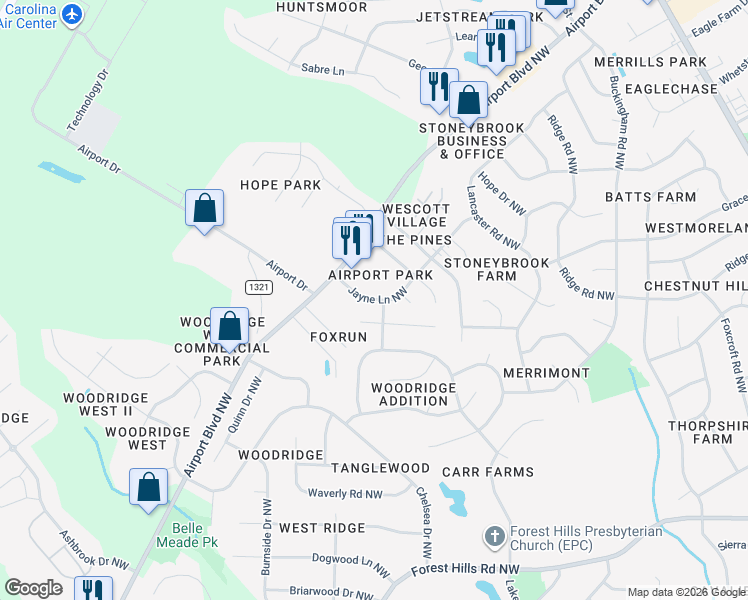 map of restaurants, bars, coffee shops, grocery stores, and more near 3603 Jayne Ln NW in Wilson
