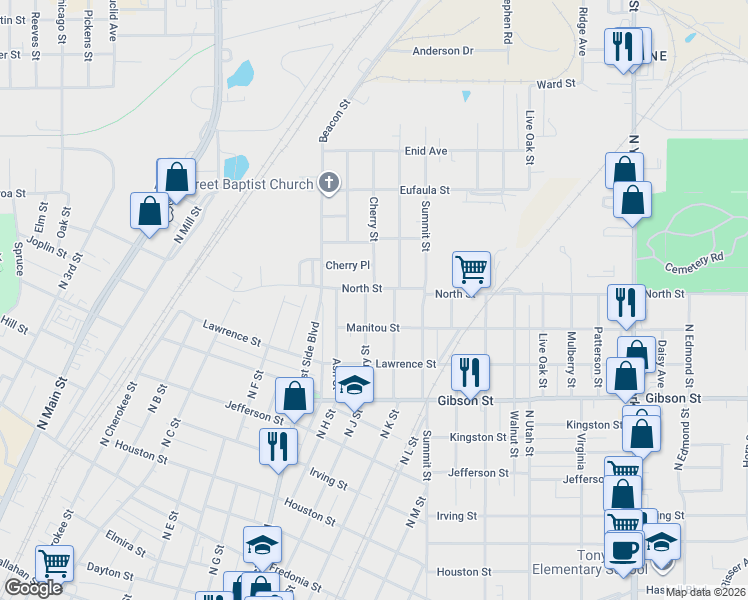 map of restaurants, bars, coffee shops, grocery stores, and more near 1330 Cherry Street in Muskogee