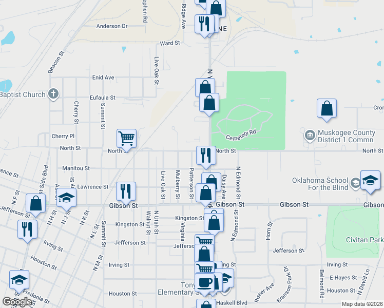map of restaurants, bars, coffee shops, grocery stores, and more near 1322 Patterson Street in Muskogee