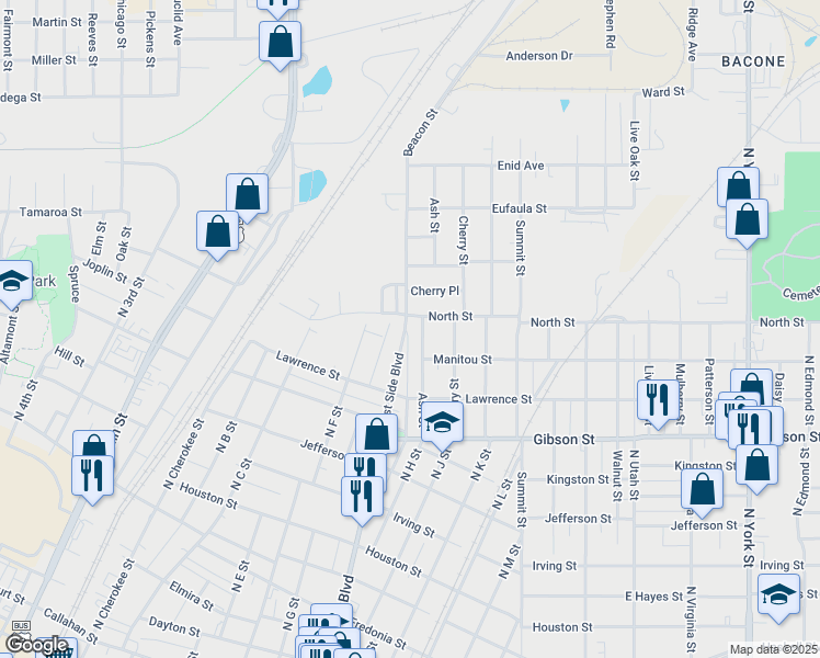 map of restaurants, bars, coffee shops, grocery stores, and more near 1254 East Side Boulevard in Muskogee