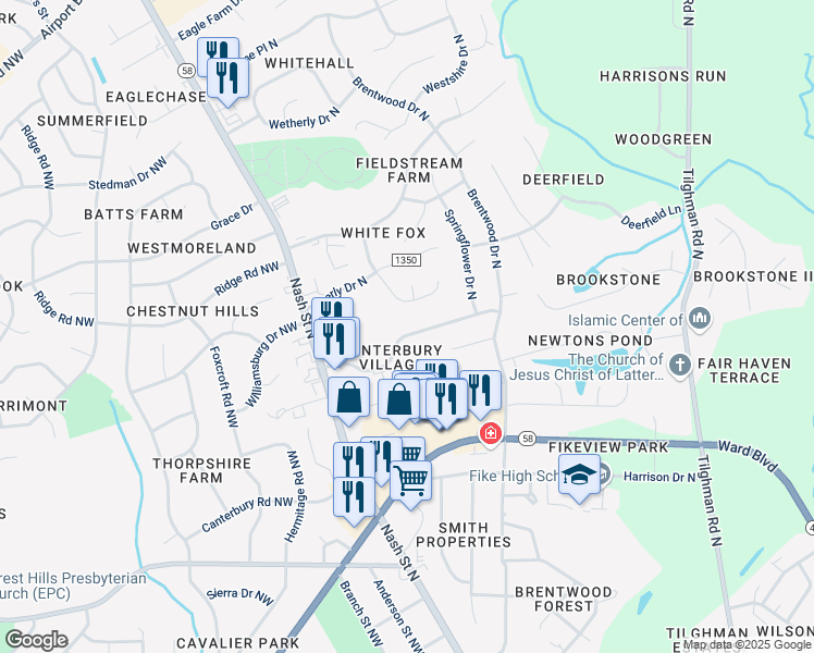 map of restaurants, bars, coffee shops, grocery stores, and more near 2824 Daisy Lane North in Wilson