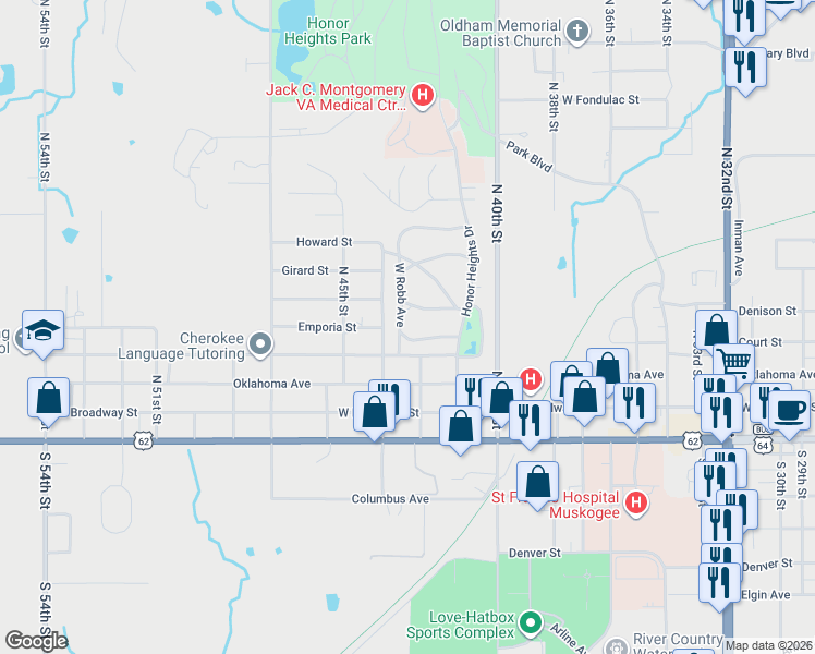 map of restaurants, bars, coffee shops, grocery stores, and more near 507 West Robb Avenue in Muskogee