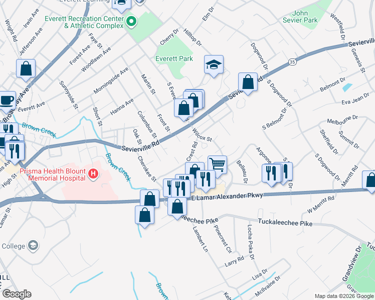 map of restaurants, bars, coffee shops, grocery stores, and more near 1881 Crest Rd in Maryville