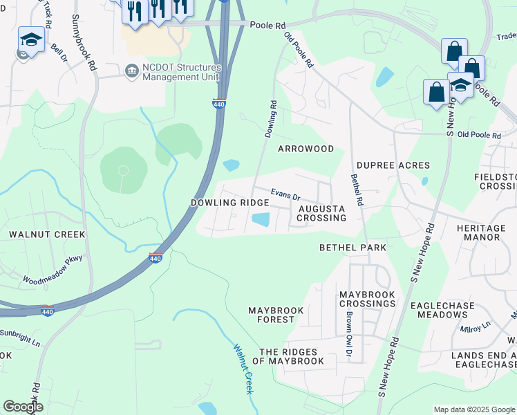 map of restaurants, bars, coffee shops, grocery stores, and more near 3912 Carolina Cherry Drive in Raleigh