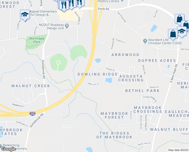 map of restaurants, bars, coffee shops, grocery stores, and more near 1531 Tom Gipson Drive in Raleigh