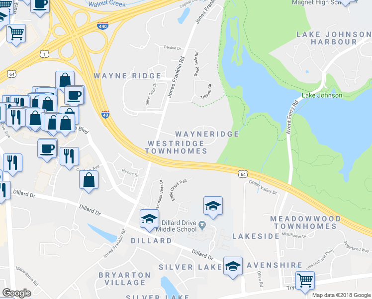 map of restaurants, bars, coffee shops, grocery stores, and more near 1625 Hammock Place in Raleigh