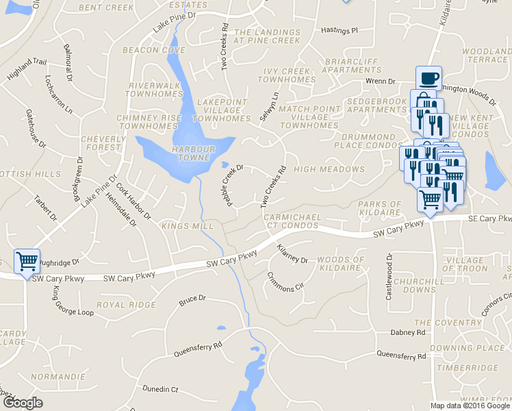 map of restaurants, bars, coffee shops, grocery stores, and more near 470 Pebble Creek Drive in Cary