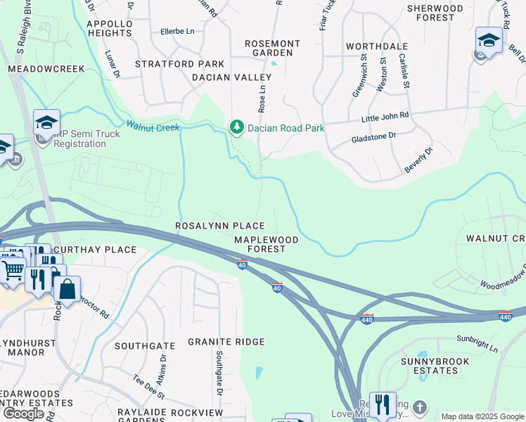 map of restaurants, bars, coffee shops, grocery stores, and more near 1609 Rose Lane in Raleigh
