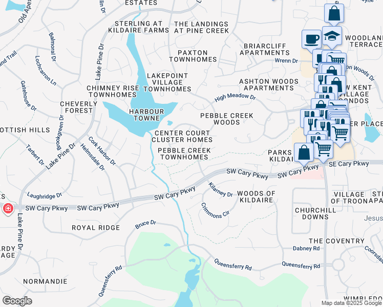 map of restaurants, bars, coffee shops, grocery stores, and more near 470 Pebble Creek Drive in Cary