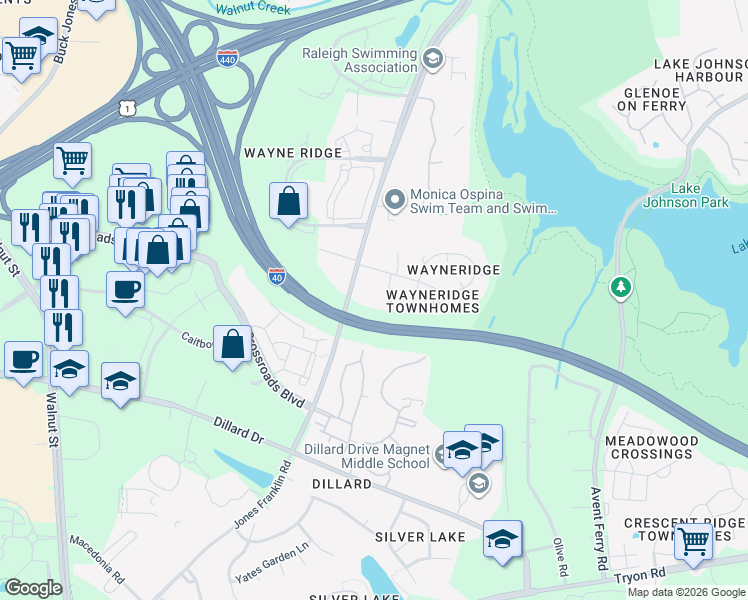 map of restaurants, bars, coffee shops, grocery stores, and more near 1611 Jones Franklin Road in Raleigh