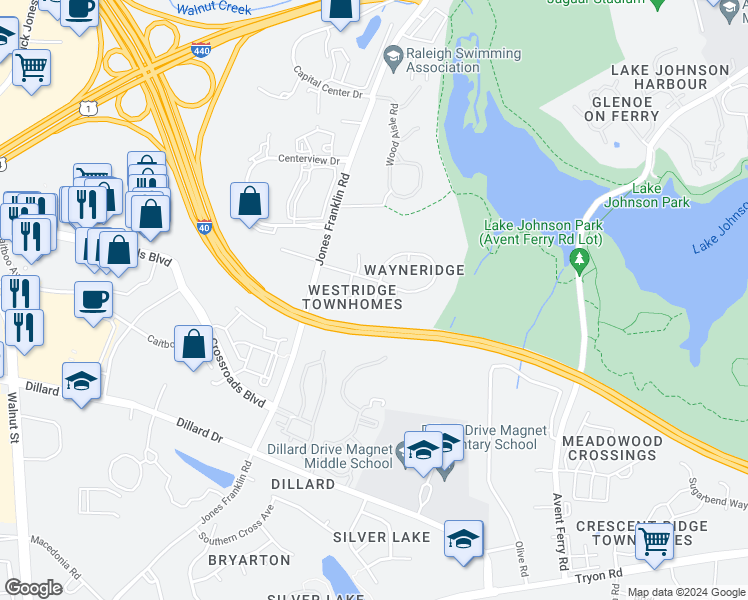 map of restaurants, bars, coffee shops, grocery stores, and more near 1609 Hammock Place in Raleigh