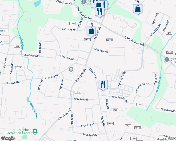 map of restaurants, bars, coffee shops, grocery stores, and more near 2053 16th Street Northeast in Hickory