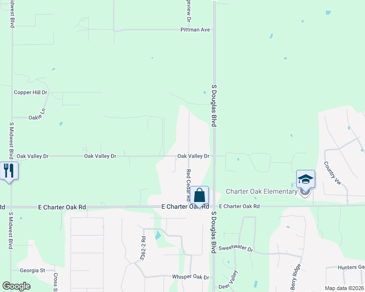 map of restaurants, bars, coffee shops, grocery stores, and more near 11601 Red Cedar Road in Guthrie