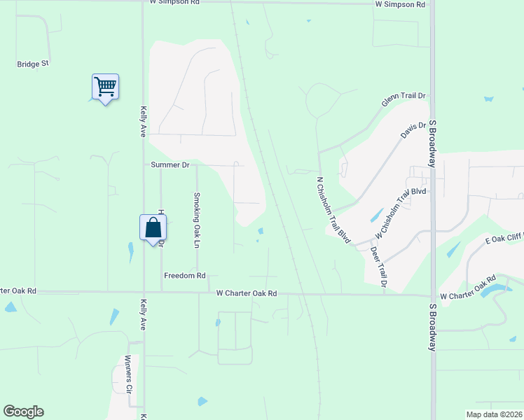 map of restaurants, bars, coffee shops, grocery stores, and more near 618 Rail Drive in Edmond