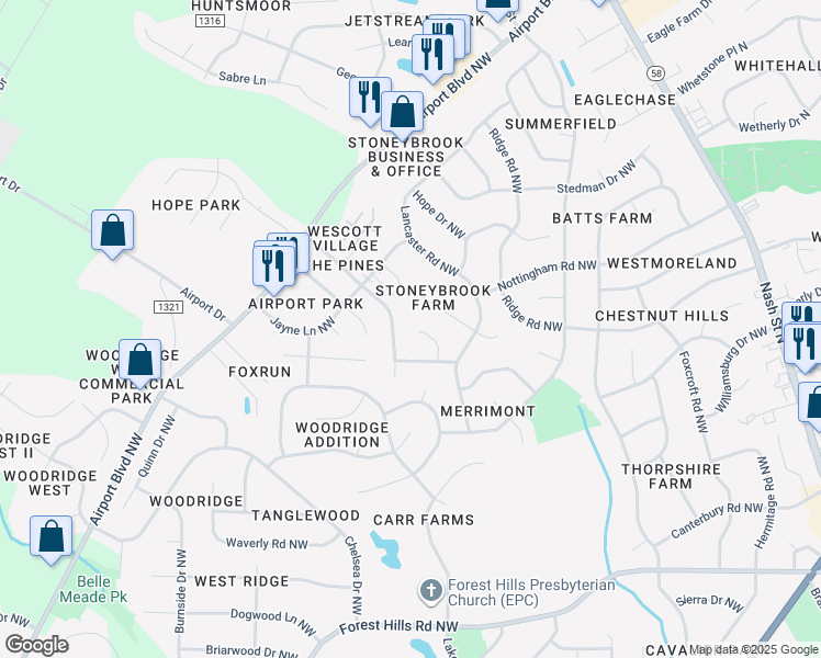 map of restaurants, bars, coffee shops, grocery stores, and more near 3009 Arch Court Northwest in Wilson