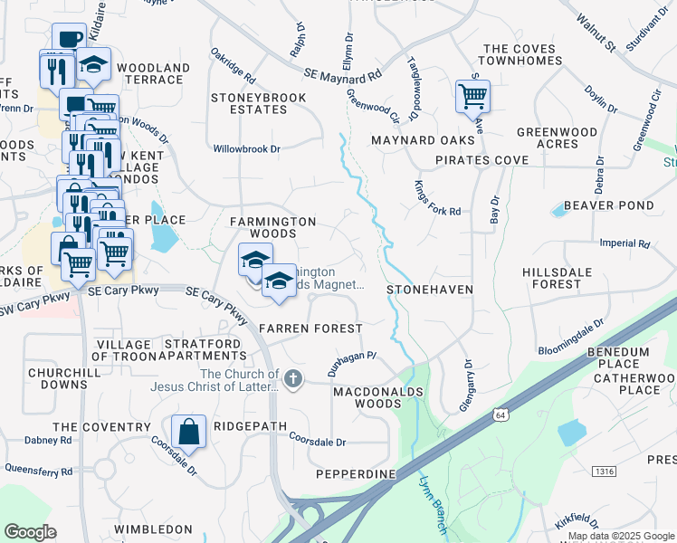map of restaurants, bars, coffee shops, grocery stores, and more near 1409 Creekstone Lane in Cary
