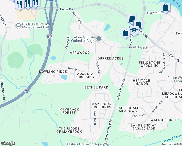 map of restaurants, bars, coffee shops, grocery stores, and more near 4207 Evans Drive in Raleigh