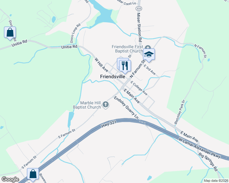 map of restaurants, bars, coffee shops, grocery stores, and more near 315 South Farnum Street in Friendsville