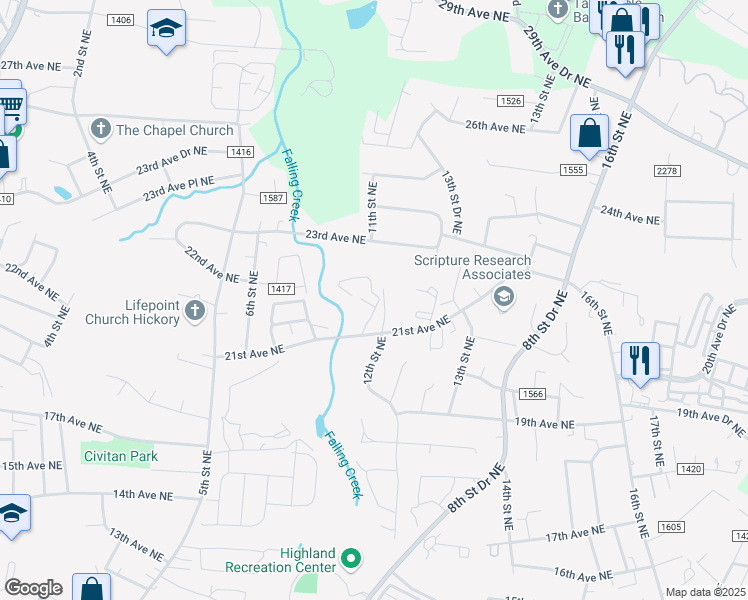 map of restaurants, bars, coffee shops, grocery stores, and more near 1107 21st Avenue Northeast in Hickory