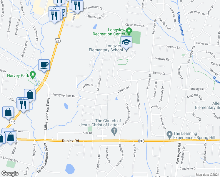 map of restaurants, bars, coffee shops, grocery stores, and more near 3011 Farmville Circle in Spring Hill