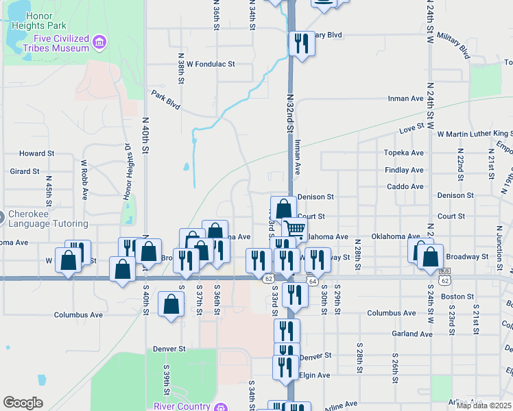 map of restaurants, bars, coffee shops, grocery stores, and more near 414 North 34th Street in Muskogee