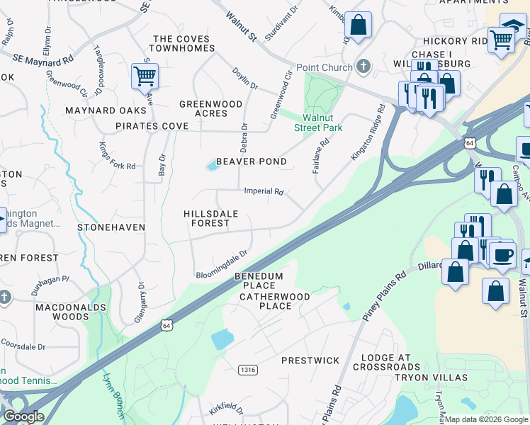 map of restaurants, bars, coffee shops, grocery stores, and more near 1332 Bloomingdale Drive in Cary