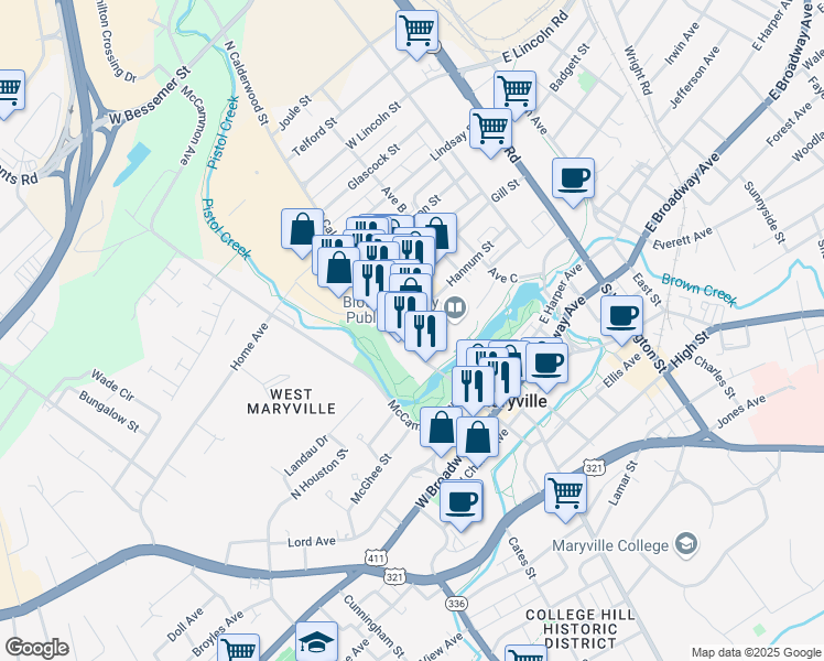 map of restaurants, bars, coffee shops, grocery stores, and more near 387 Hannum Street in Alcoa