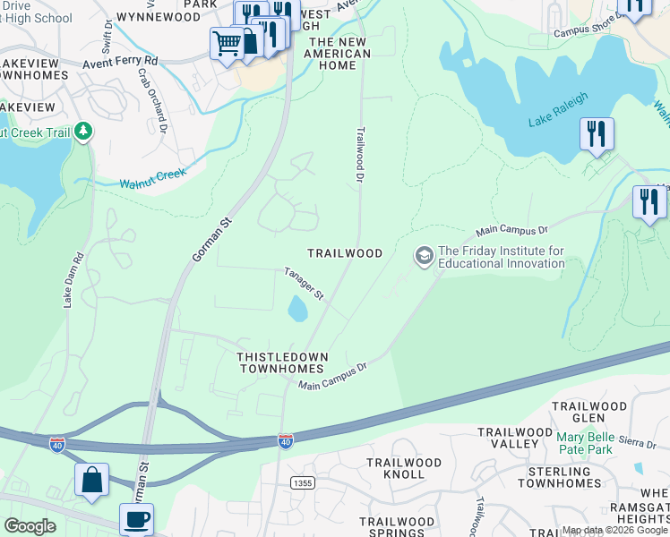map of restaurants, bars, coffee shops, grocery stores, and more near 1515 Trailwood Drive in Raleigh