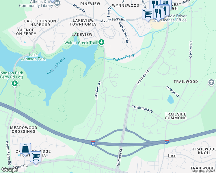 map of restaurants, bars, coffee shops, grocery stores, and more near 3201 Walnut Creek Parkway in Raleigh