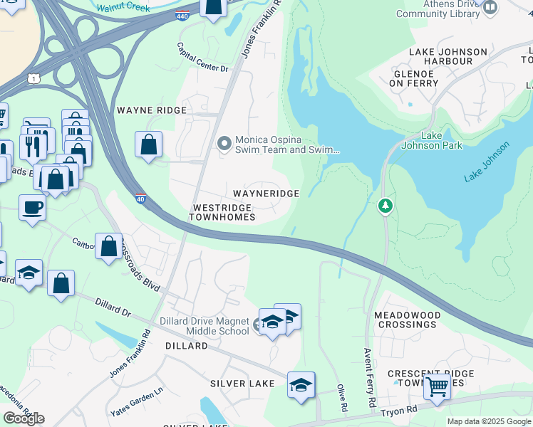 map of restaurants, bars, coffee shops, grocery stores, and more near 1617 Pinna Court in Raleigh