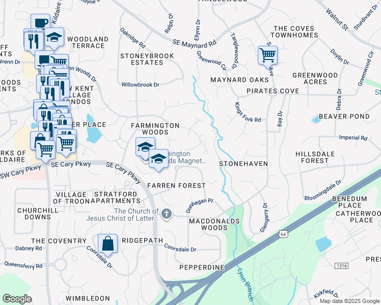 map of restaurants, bars, coffee shops, grocery stores, and more near 1409 Creekstone Lane in Cary