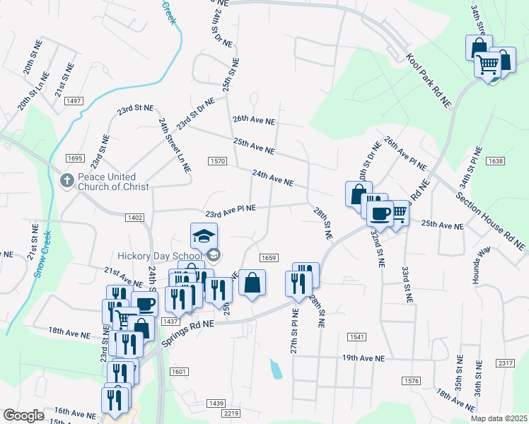 map of restaurants, bars, coffee shops, grocery stores, and more near 2632 23rd Avenue Place Northeast in Hickory