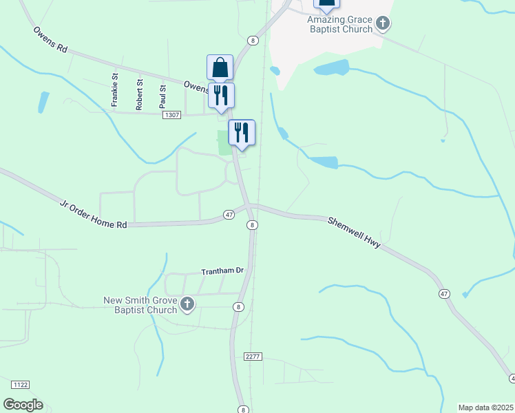 map of restaurants, bars, coffee shops, grocery stores, and more near North Carolina 47 in Lexington