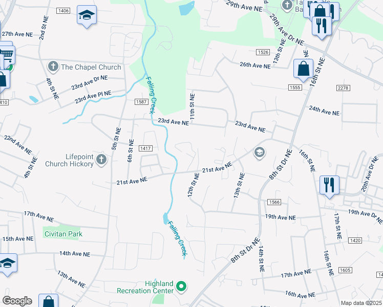 map of restaurants, bars, coffee shops, grocery stores, and more near 1109 21st Avenue Northeast in Hickory
