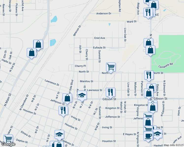 map of restaurants, bars, coffee shops, grocery stores, and more near 1326 Locust Street in Muskogee