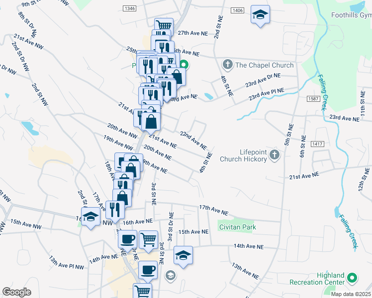 map of restaurants, bars, coffee shops, grocery stores, and more near 337 21st Avenue Northeast in Hickory