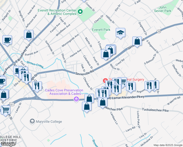 map of restaurants, bars, coffee shops, grocery stores, and more near 100 South Pine Street in Maryville