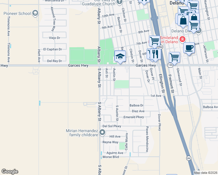 map of restaurants, bars, coffee shops, grocery stores, and more near 117 Asti Street in Delano