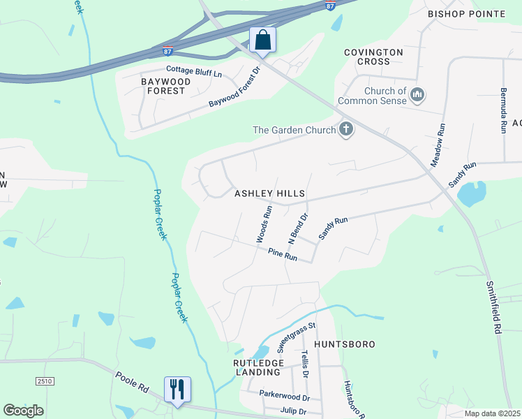map of restaurants, bars, coffee shops, grocery stores, and more near 202 Woods Run in Knightdale