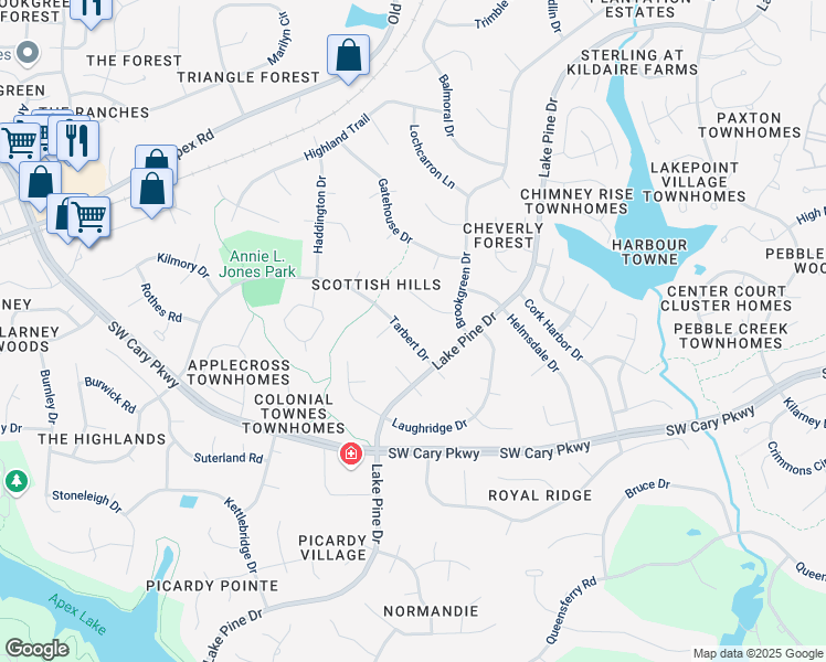 map of restaurants, bars, coffee shops, grocery stores, and more near 1272 Tarbert Drive in Cary