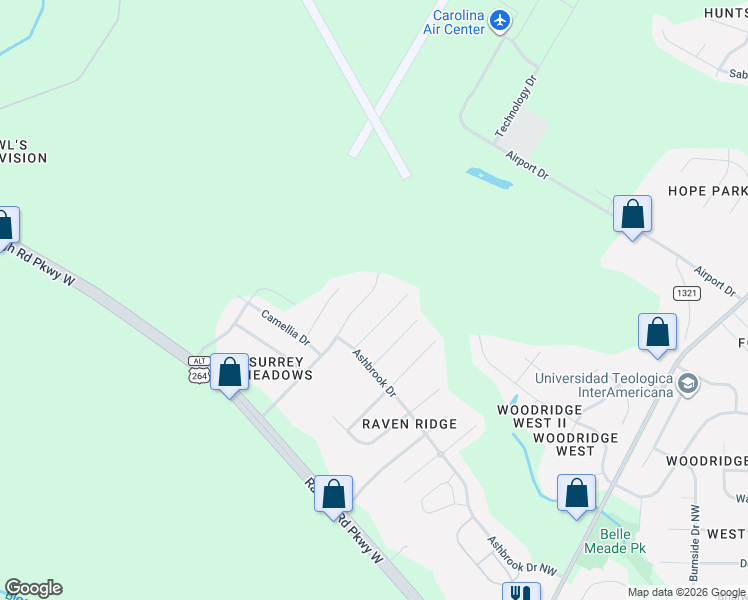 map of restaurants, bars, coffee shops, grocery stores, and more near 4412 Cam Strader Drive Northwest in Wilson