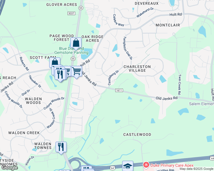 map of restaurants, bars, coffee shops, grocery stores, and more near 1801 Castleburg Drive in Apex