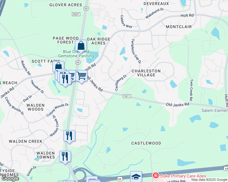 map of restaurants, bars, coffee shops, grocery stores, and more near 1801 Castleburg Drive in Apex