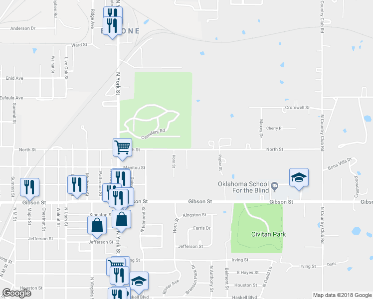 map of restaurants, bars, coffee shops, grocery stores, and more near South N Street in Muskogee