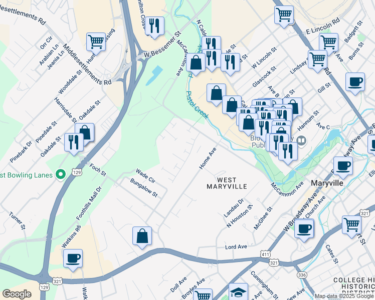 map of restaurants, bars, coffee shops, grocery stores, and more near 341 Port Place in Maryville