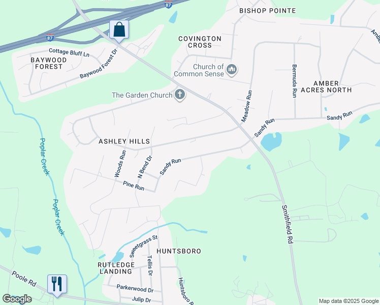 map of restaurants, bars, coffee shops, grocery stores, and more near 304 Sandy Run in Knightdale
